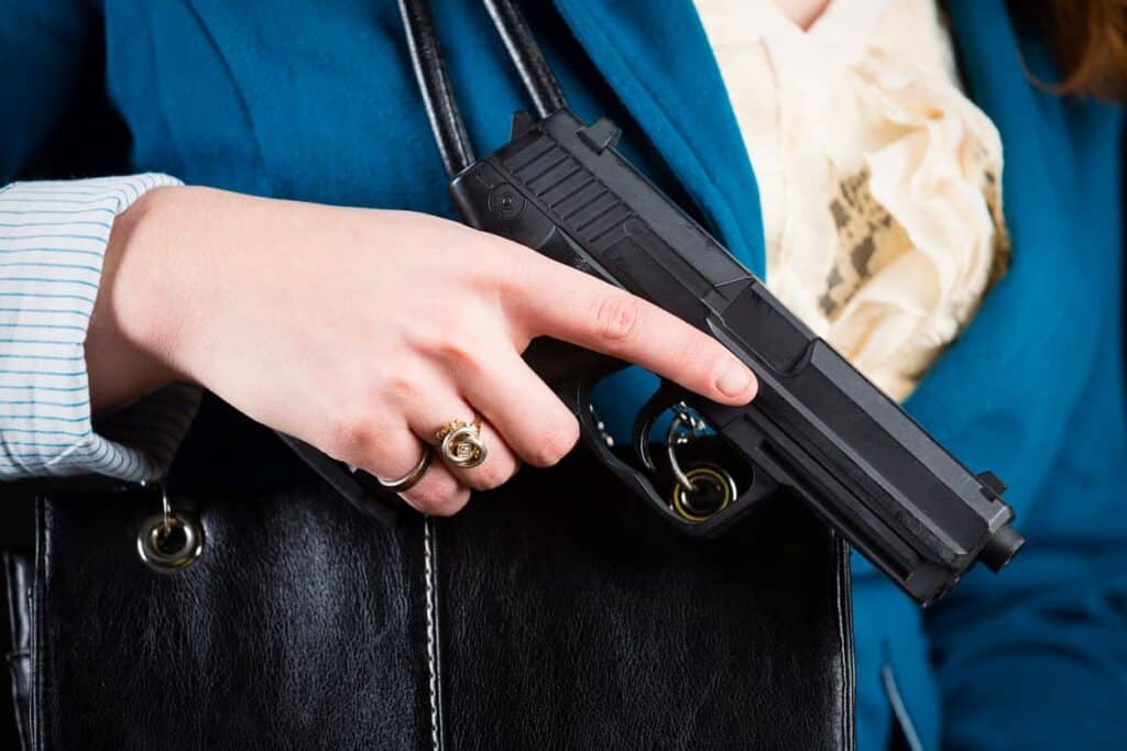 Person Holding A Firearm In A Purse, Illustrating How To Get A Concealed Carry Permit In Nevada With Proper Training And Legal Steps.