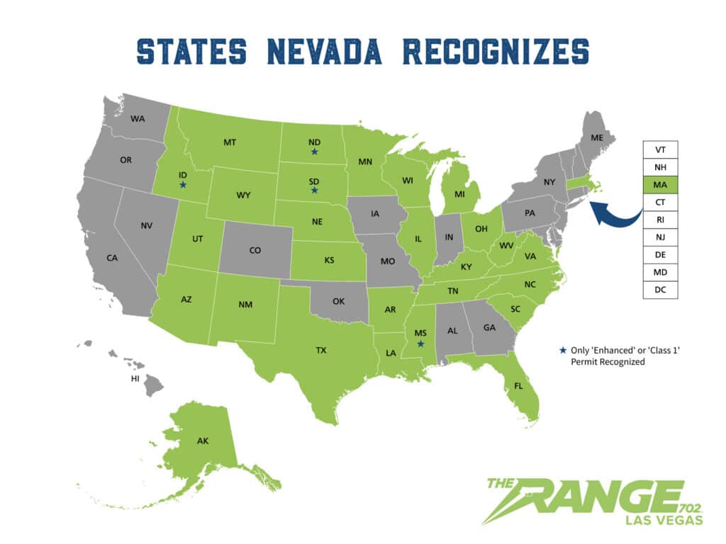 A map of the United States showing which 28 states issue concealed firearm permits which the state of Nevada recognizes as valid for carrying a concealed firearm in the state of Nevada.