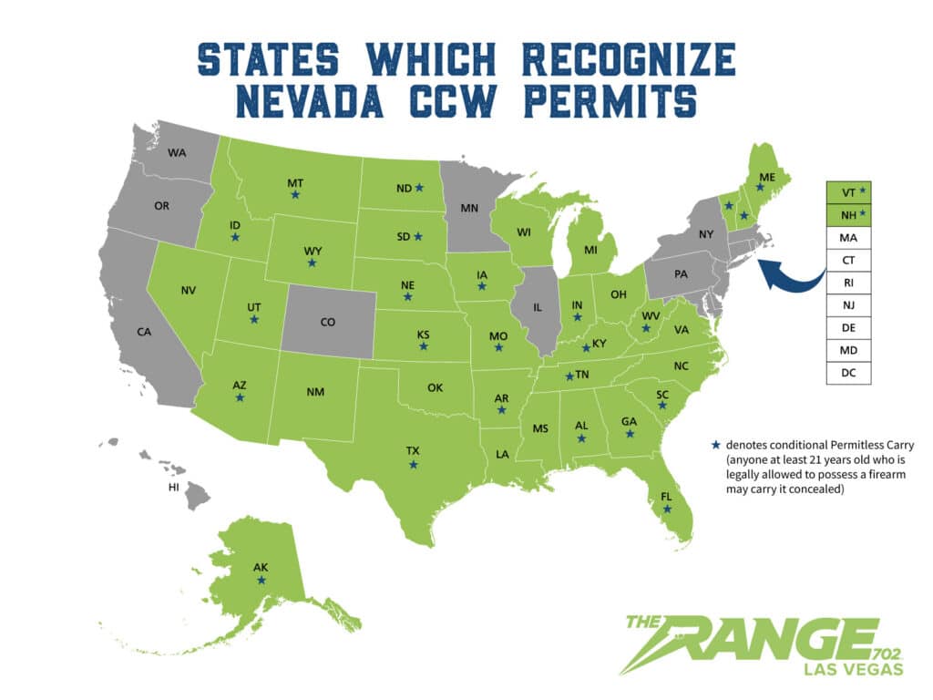 A map showing which states a Nevada Concealed Firearms Permit (CCW) holder can legally carry a concealed handgun in, current as of October 2024.